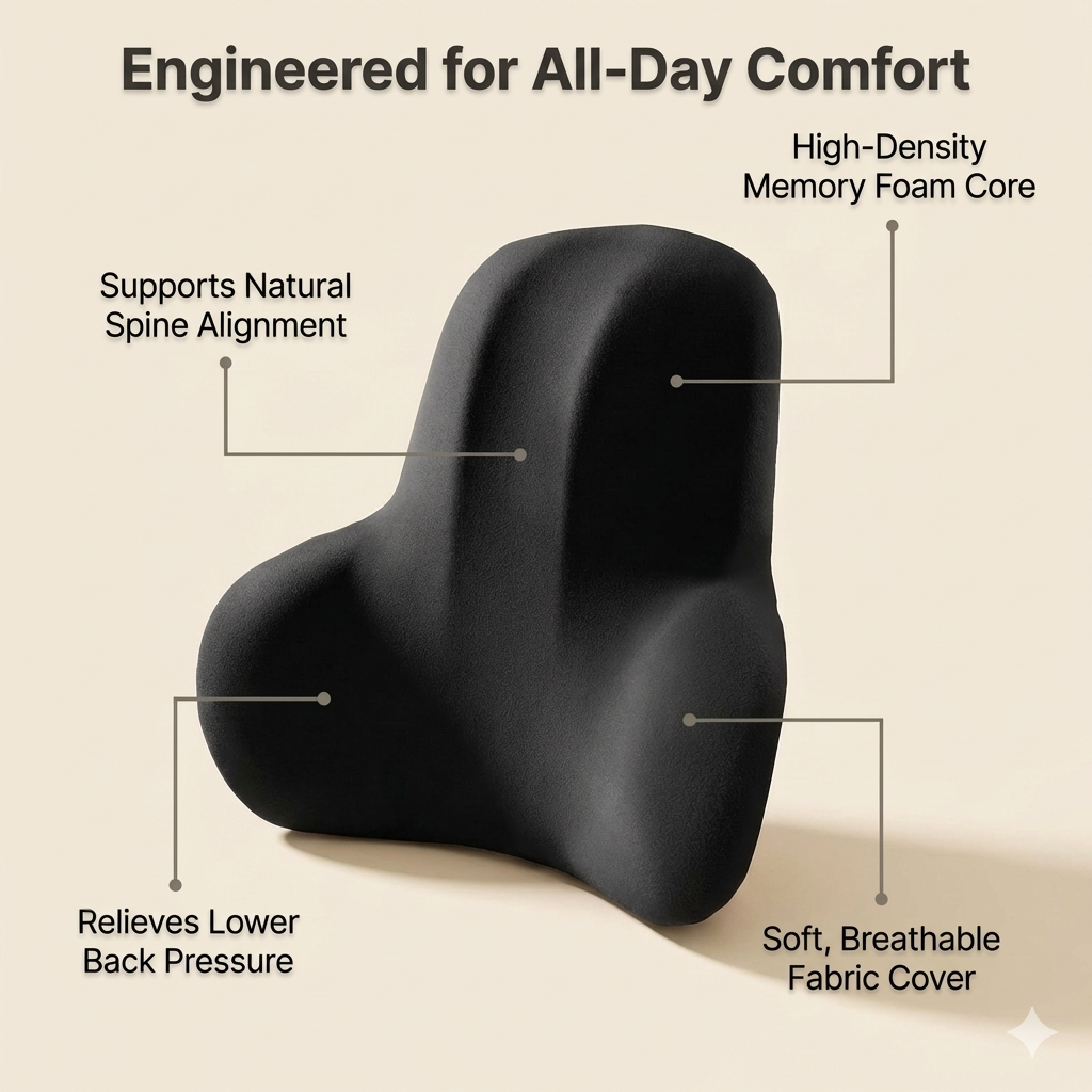 Lumbar Support Cushion for Lower Back Pain Relief – Memory Foam Back Support for Office Chair