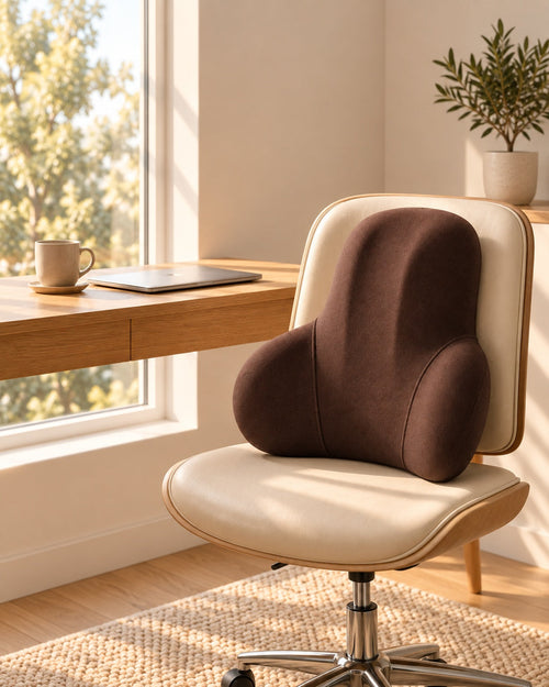 Brown memory foam lumbar cushion on a chair
