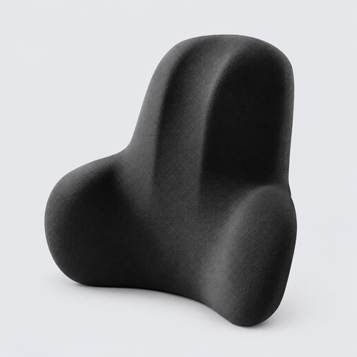 Memory foam lumbar support cushion in black, shown on a plain background