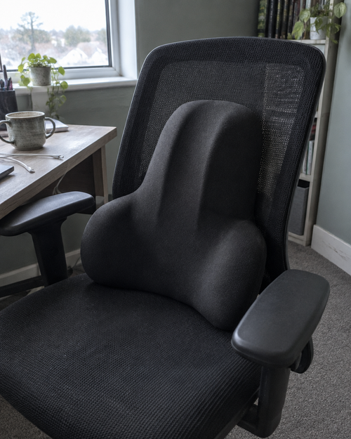 Lumbar cushion resting against the backrest of a black mesh office chair in a home office