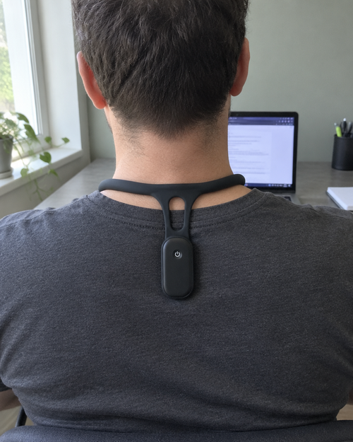 The Smart Posture Trainer worn at the base of the neck, with the sensor sitting against the upper back